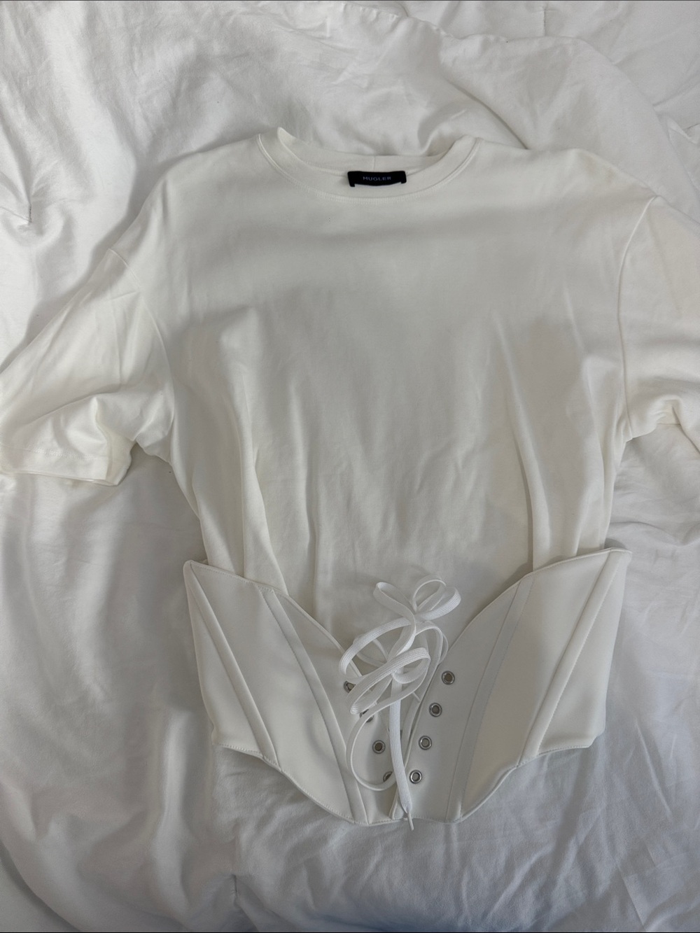 Mugler White Tee with Attached Lace-Up Corset Belt brand new